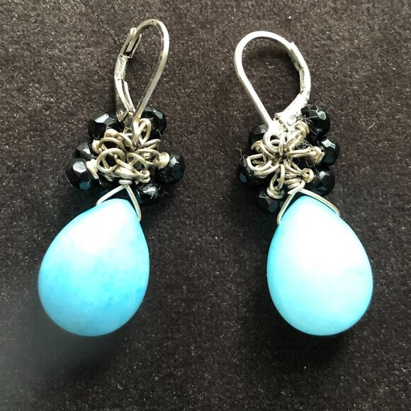 Hand Crafted Sterling Silver .925 Lever Back Dangle Earrings Blue + Black Sz OS - Picture 2 of 7